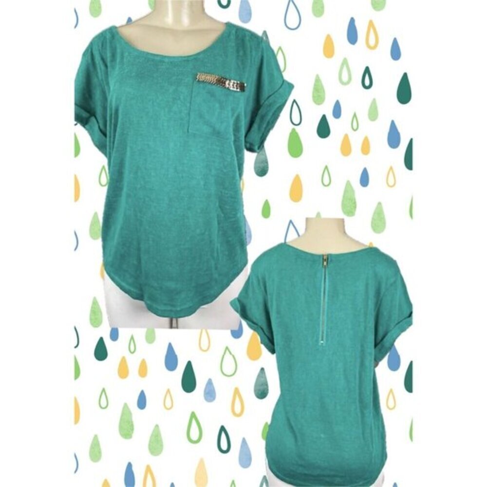 Thena L Green Cotton Scoop Neck Metal Detail Chest Pocket Cuff Short Sleeve Top